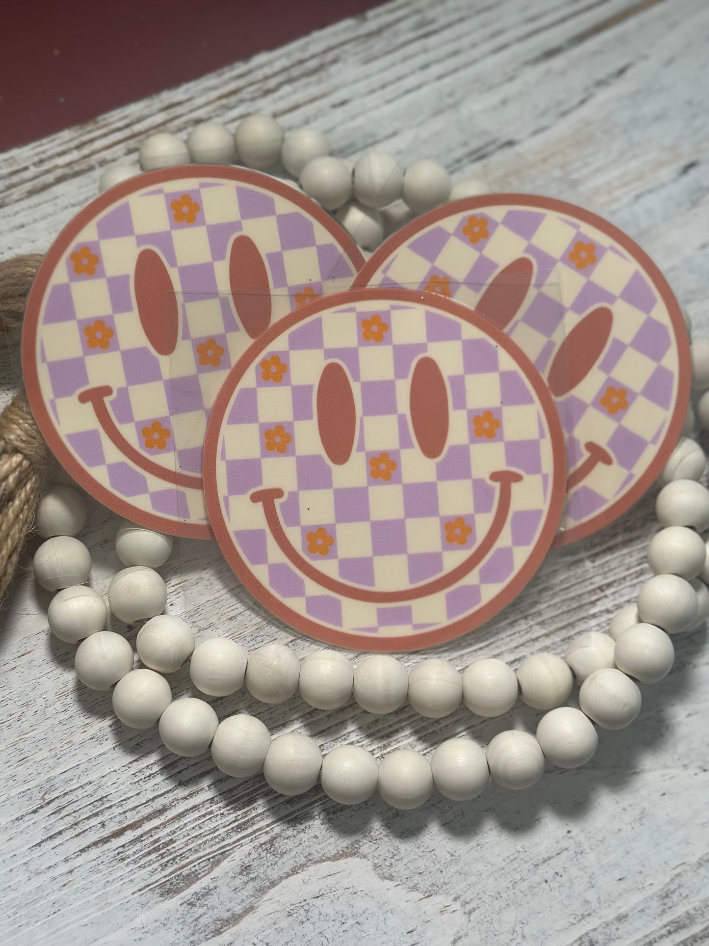 Light Purple & Mauve Checkered Smiley with Flowers