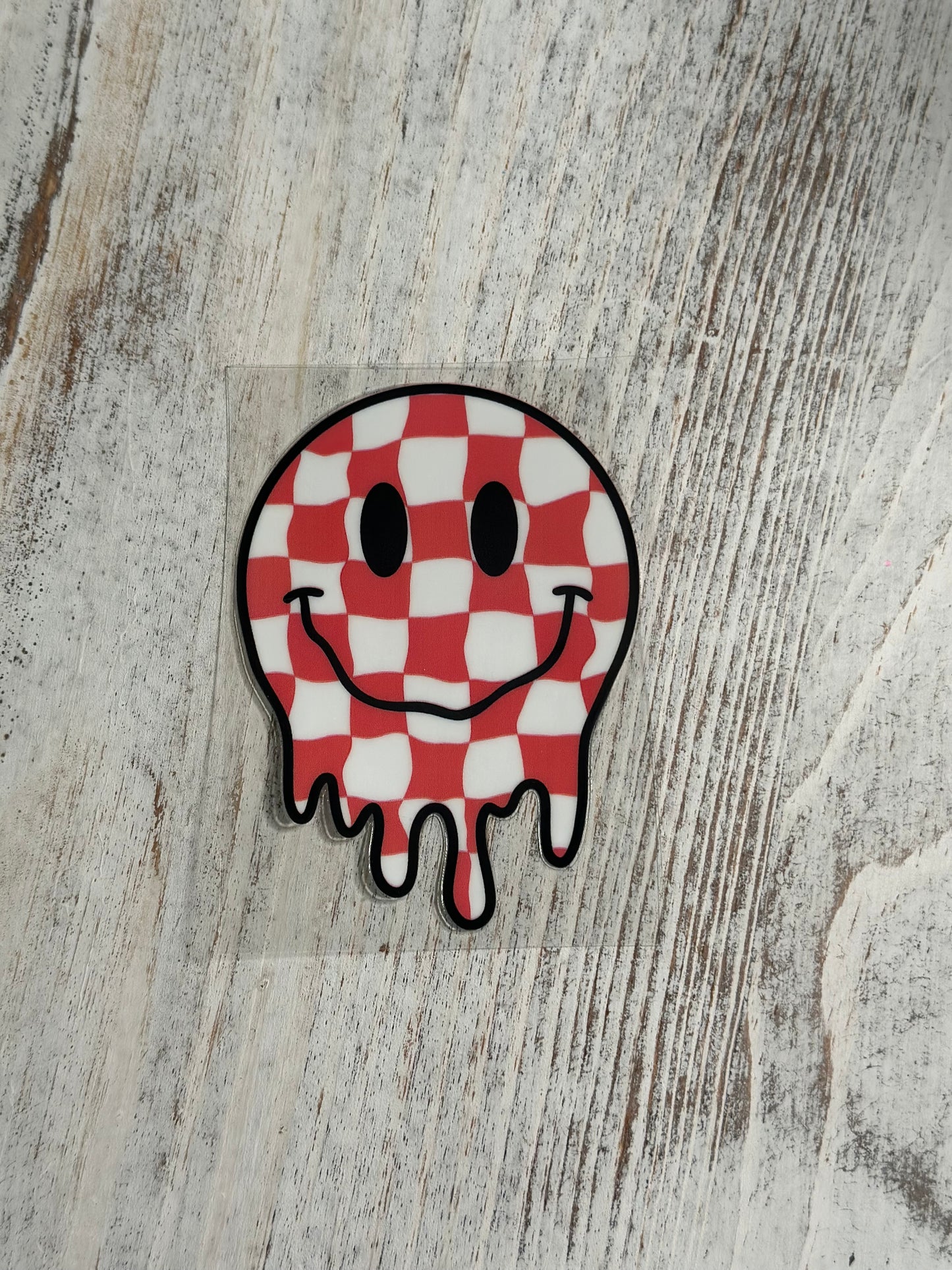 Orange & White Checkered Drippy Smiley Face -Decal