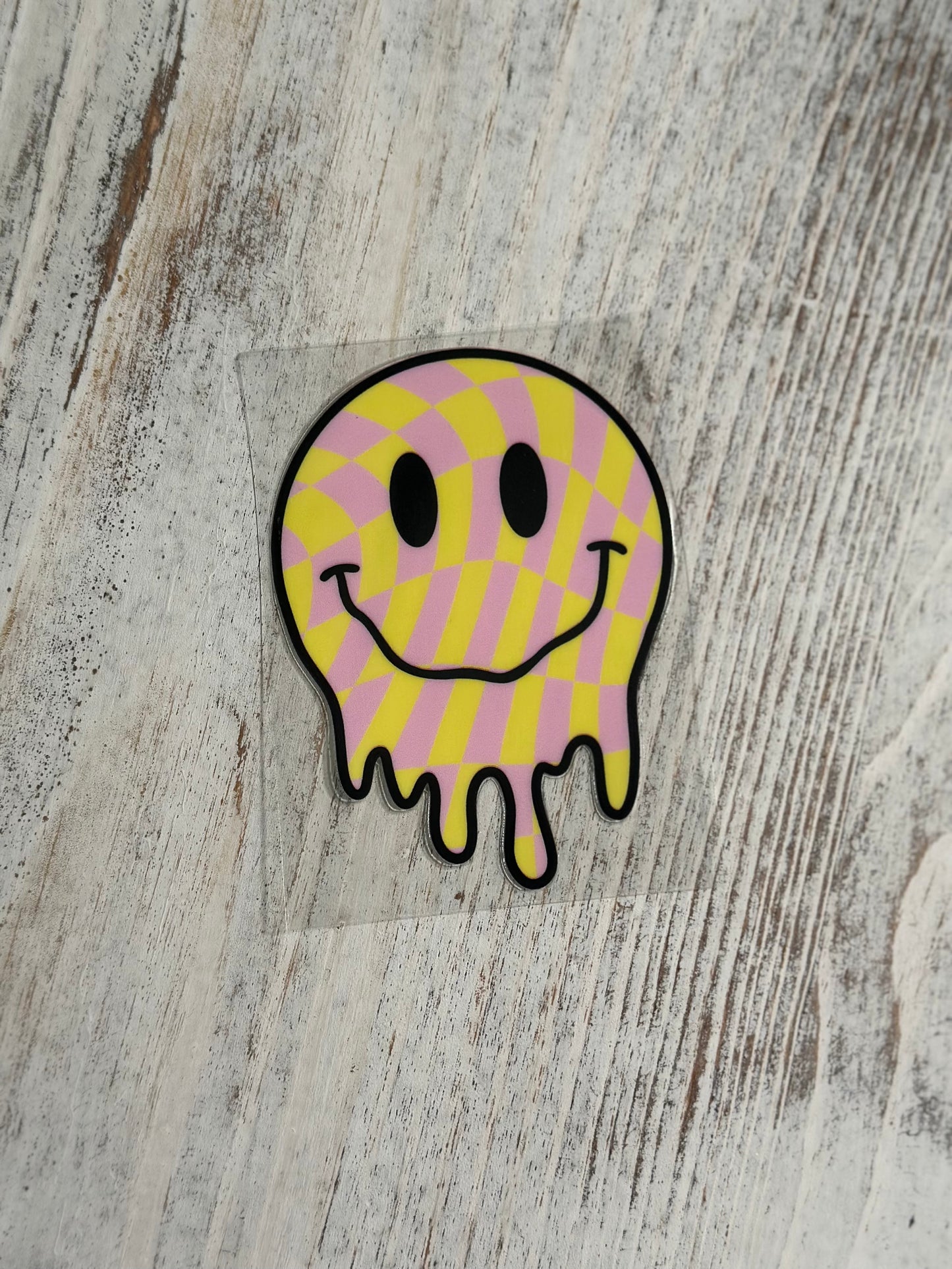 Light Pink & Yellow Checkered Drippy Smiley Face - Decal