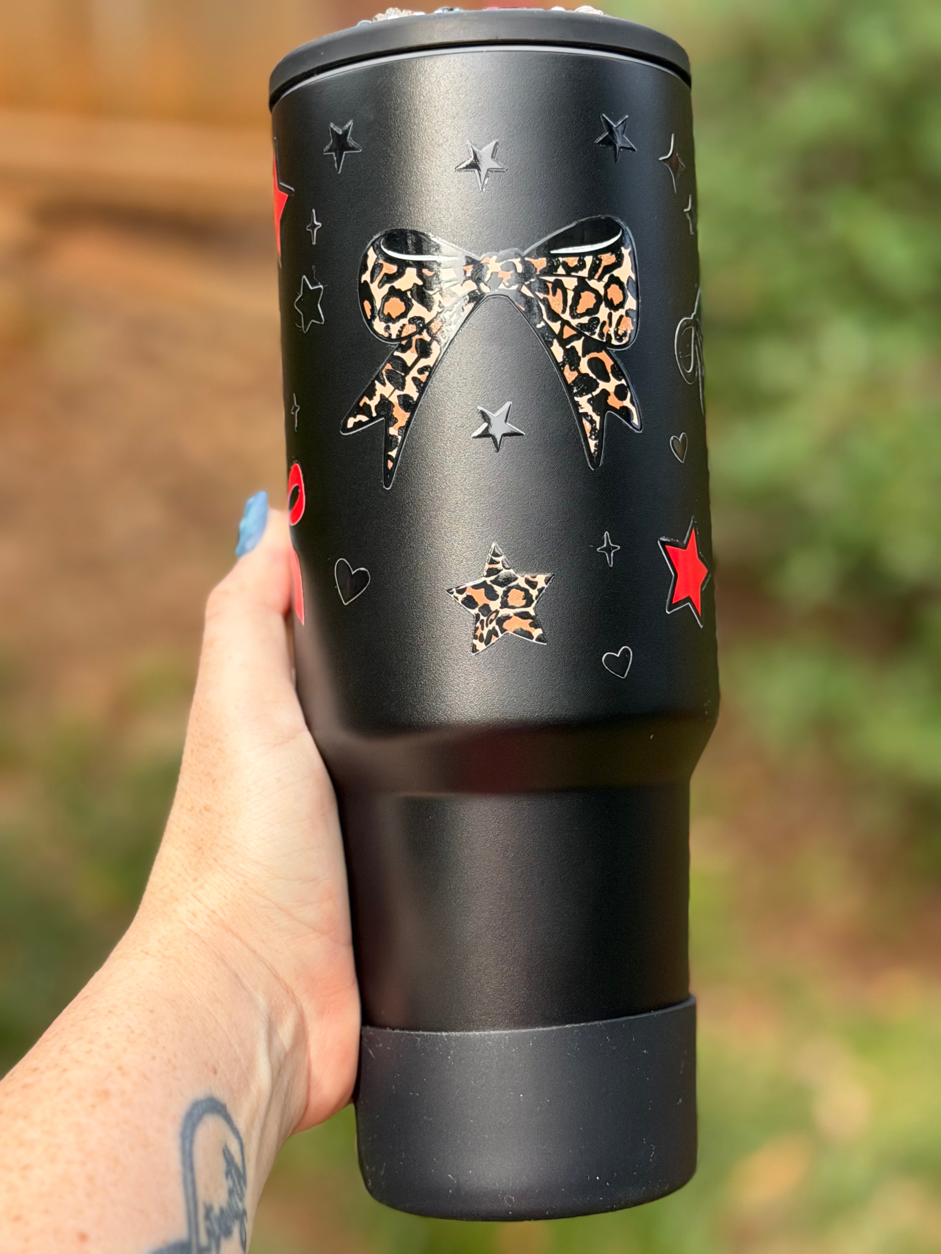 Cheetah Bow 40oz No Spill With Decorated Lid & Tumbler Boot
