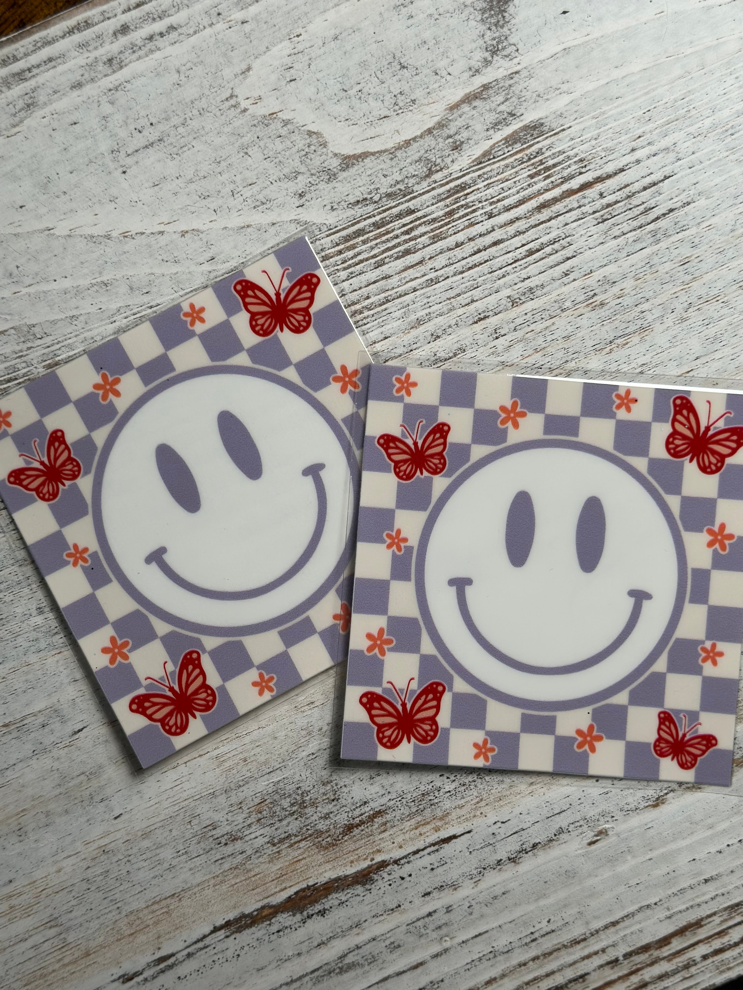 Purple & White Checkered Smiley with Butterflies Decal