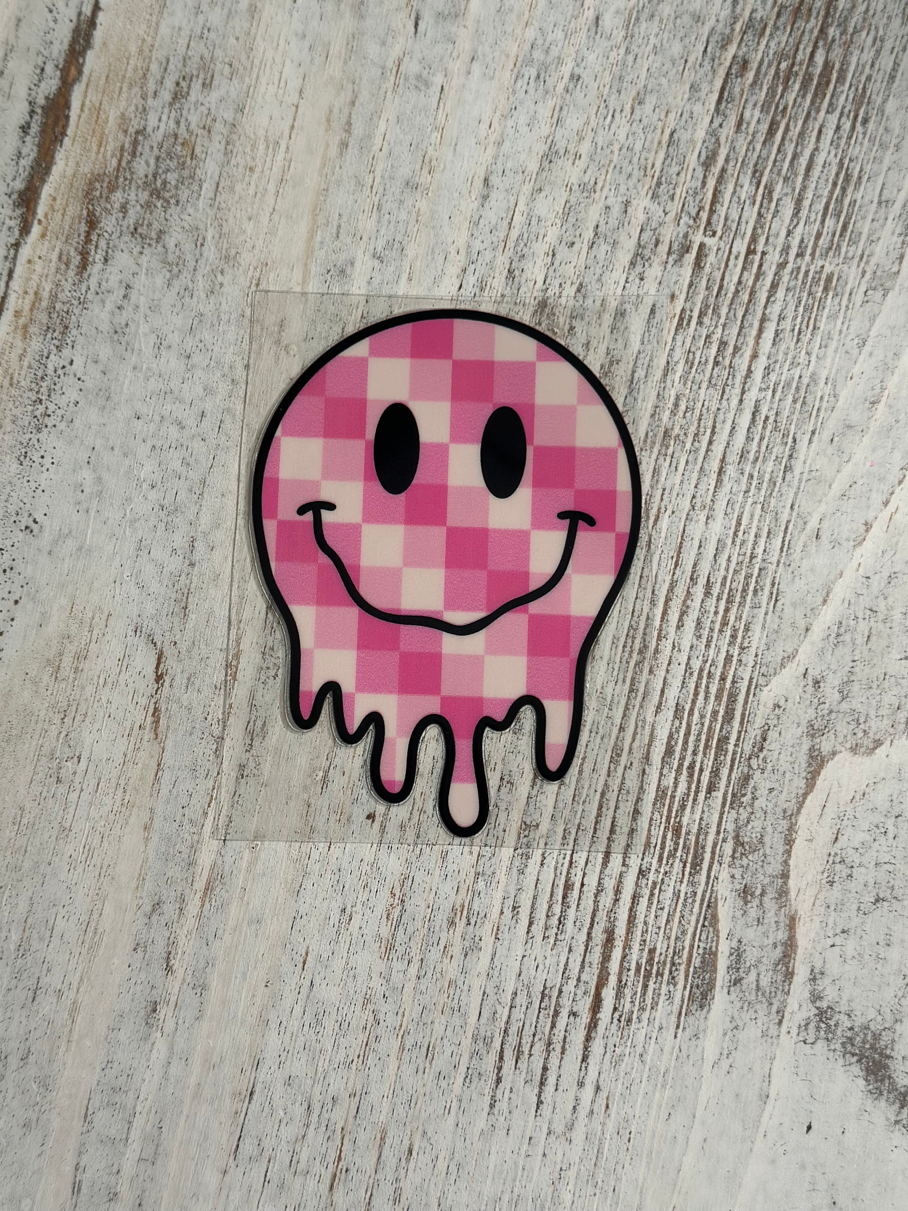 Pink & White Checkered  Drippy Smiley Face
