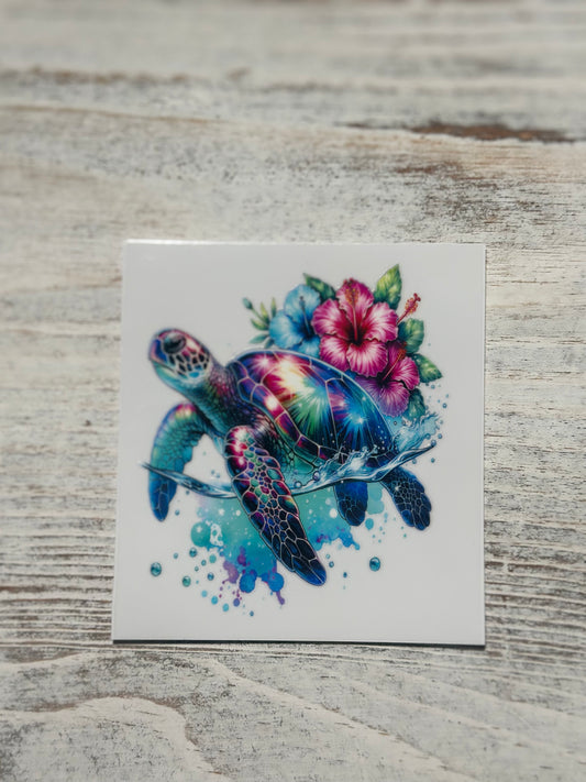 Bright Floral Turtle Swimming In Ocean - Decal