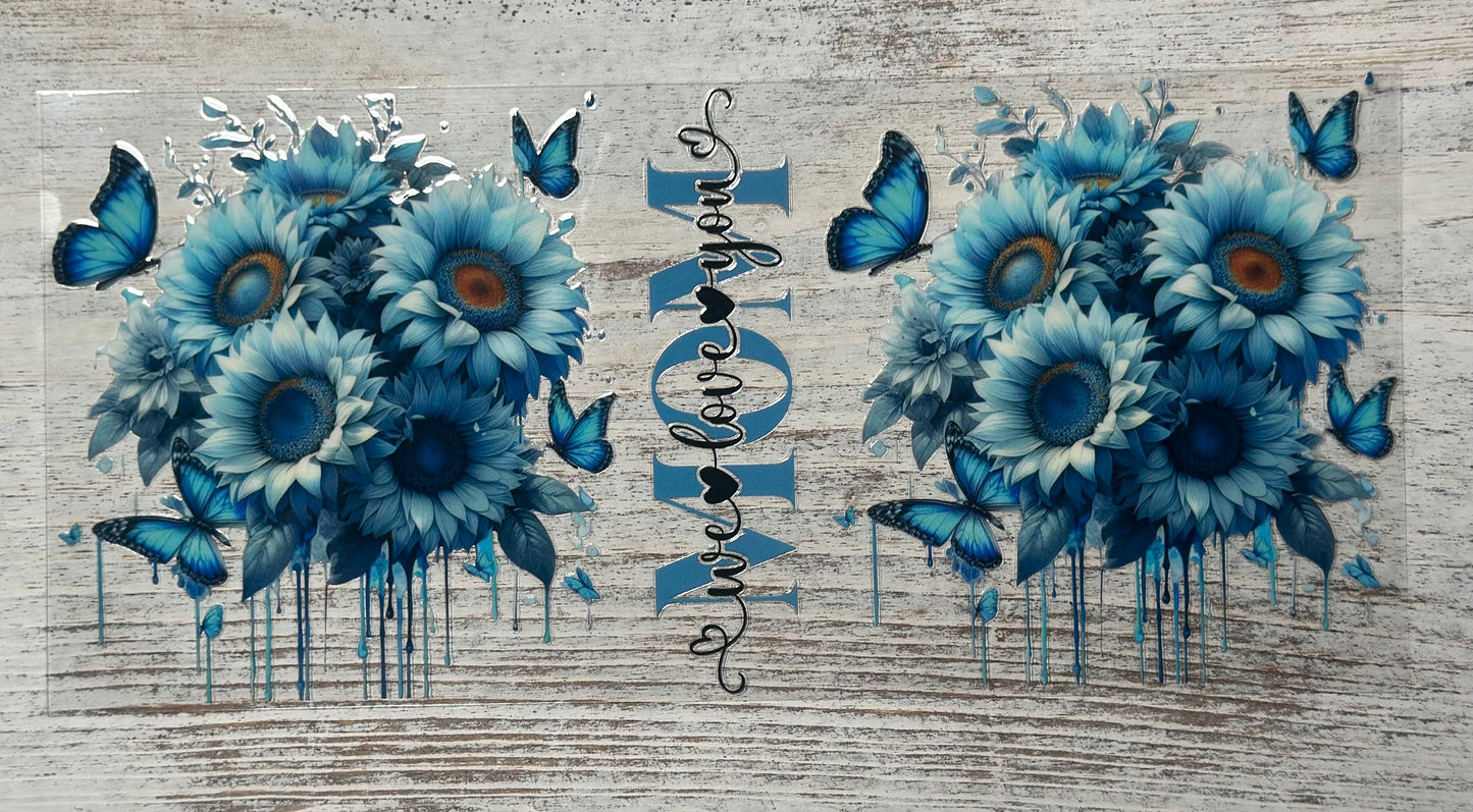 We Love You Mom With Blue Butterflies & Sunflowers