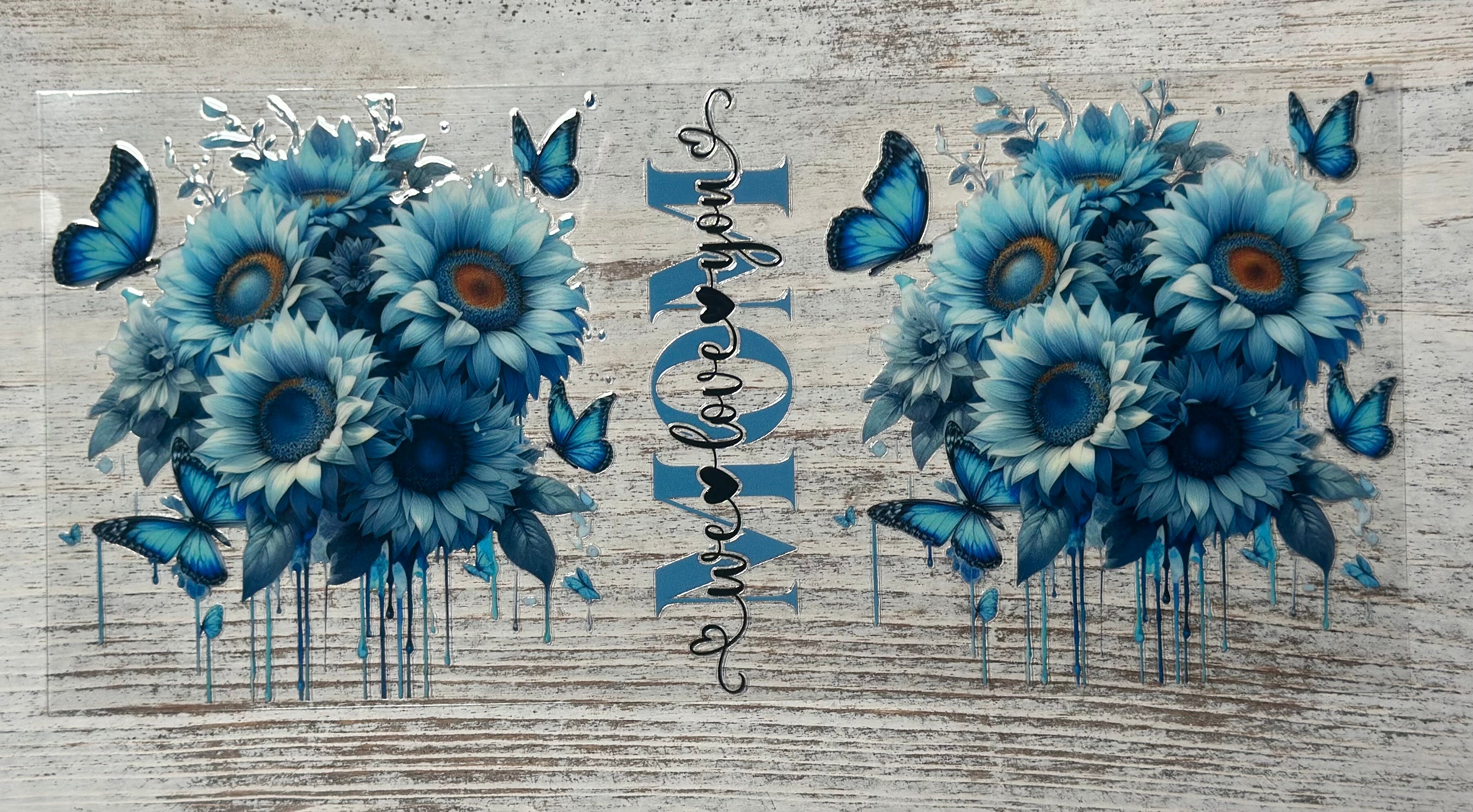 We Love You Mom With Blue Butterflies & Sunflowers