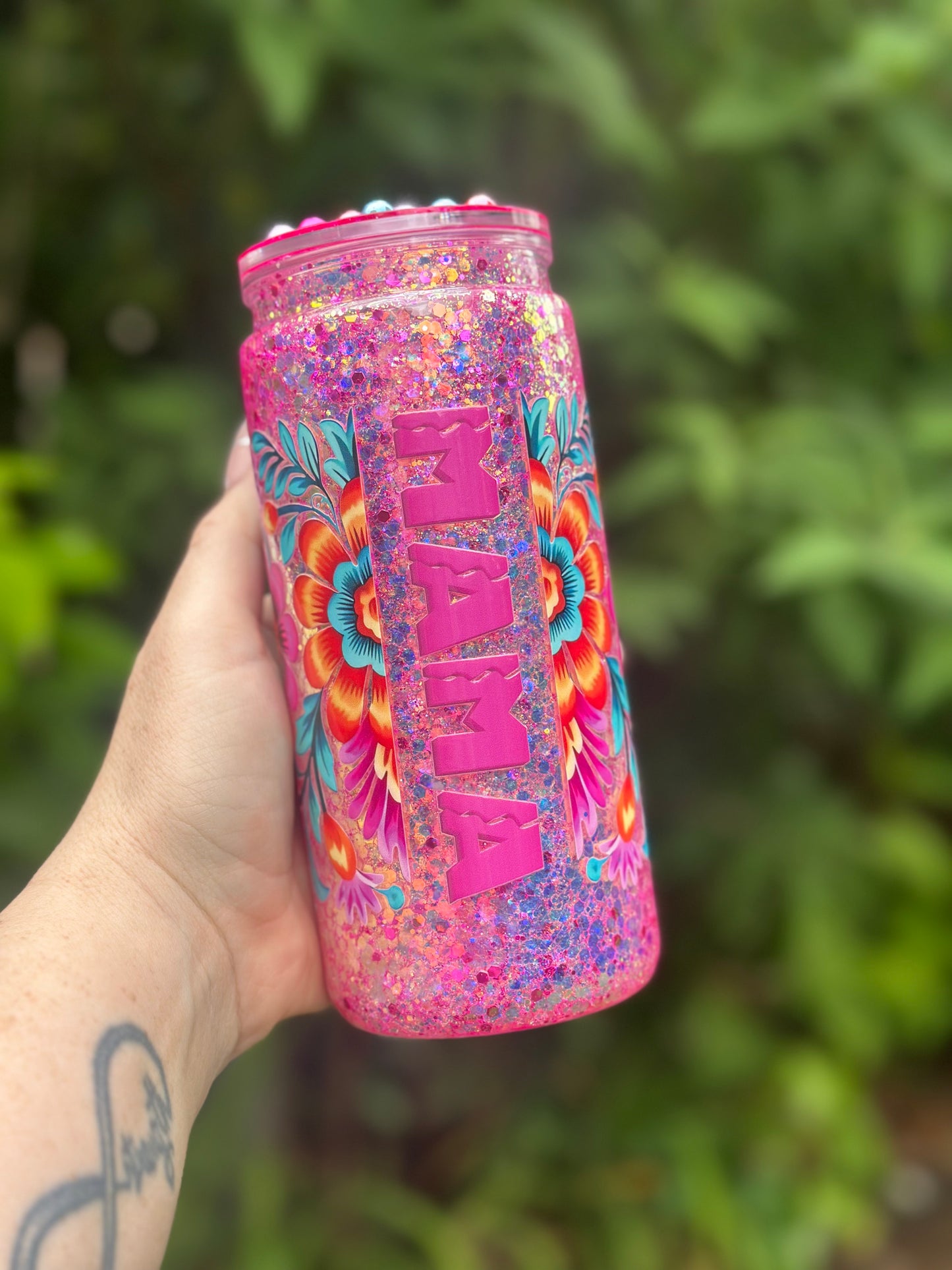 Bright Floral Mama 20 Oz Acrylic Snow Globe w/ Blinged Lid