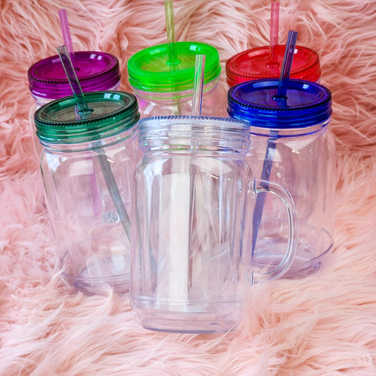 15 Oz Acrylic Snow Globe Mason Jar w/ Purple Lid & Handle